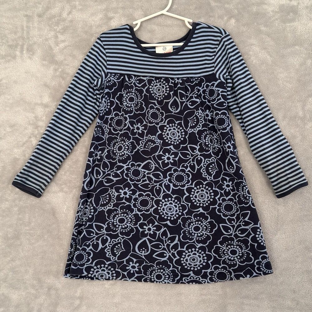 Hanna Andersson Girls Dress 110 5Y Blue Floral Stripe Cotton Long Sleeve